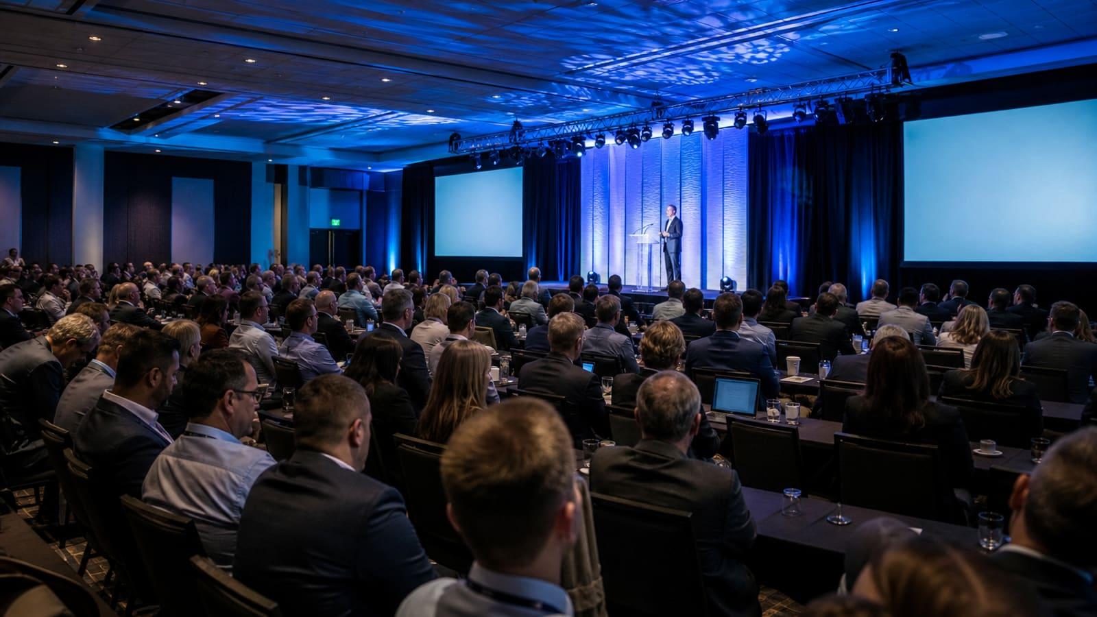 Attendees at a professional conference in a ballroom